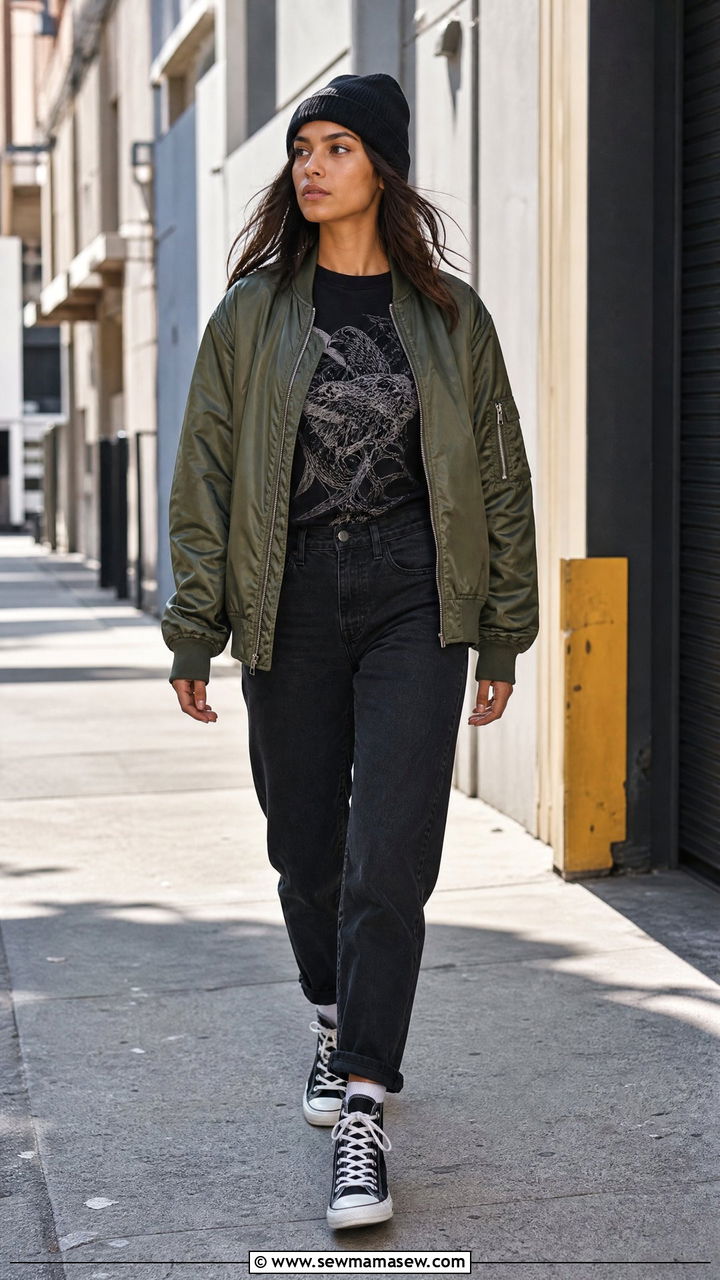 Graphic Tee With a Bomber Jacket - 25 how to style graphic tee