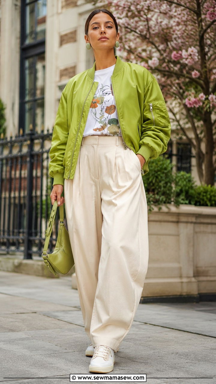Graphic Tee With a Colored Bomber Jacket and Barrel Trousers - 30 Spring outfits with graphic tee