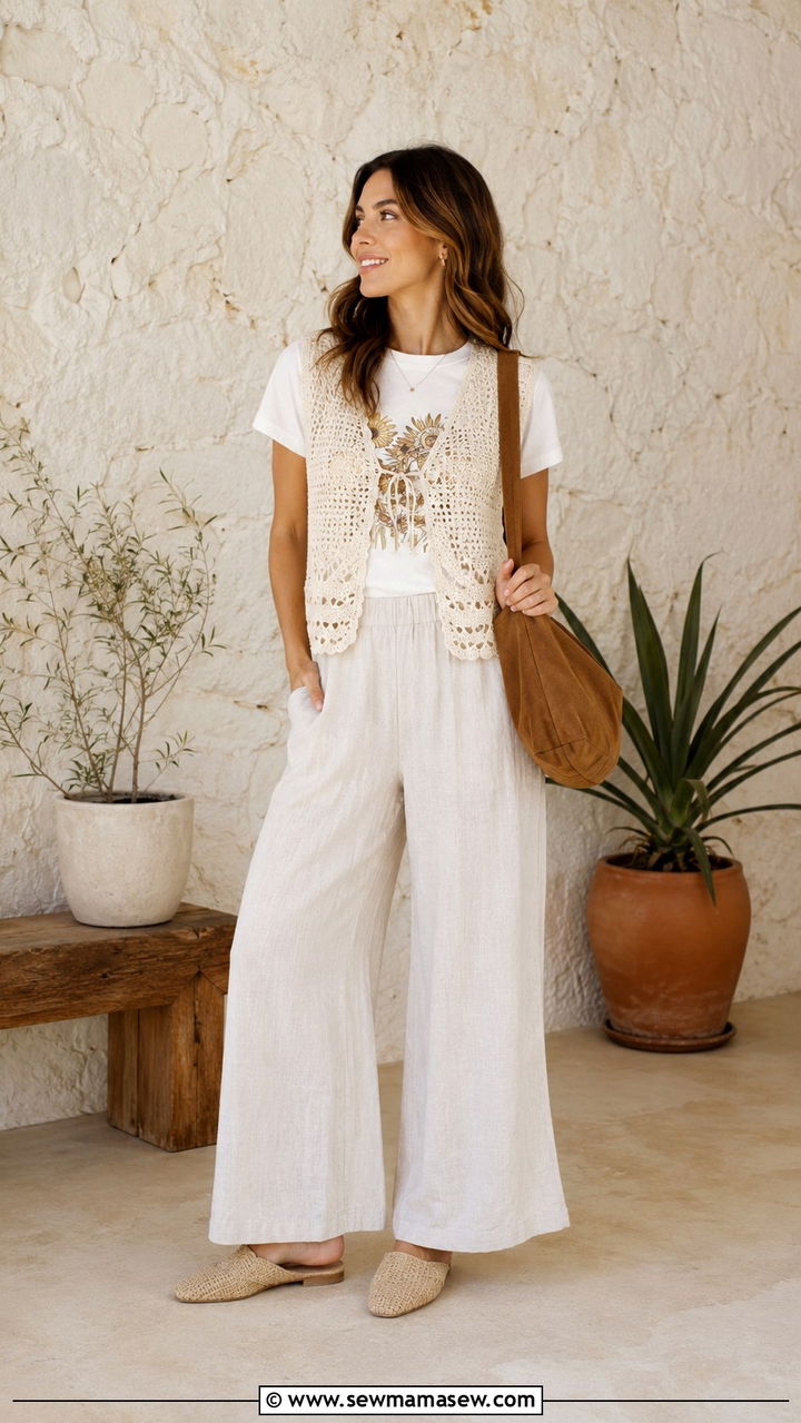 Graphic Tee With a Crochet Vest and Linen Trousers - 30 Spring outfits with graphic tee
