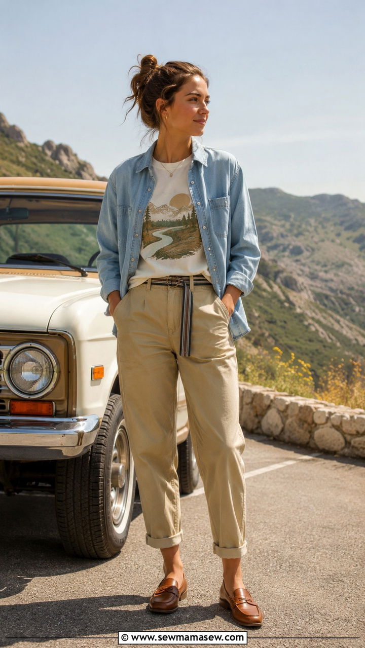 Graphic Tee With a Denim Button Up and Chinos - 30 Spring outfits with graphic tee
