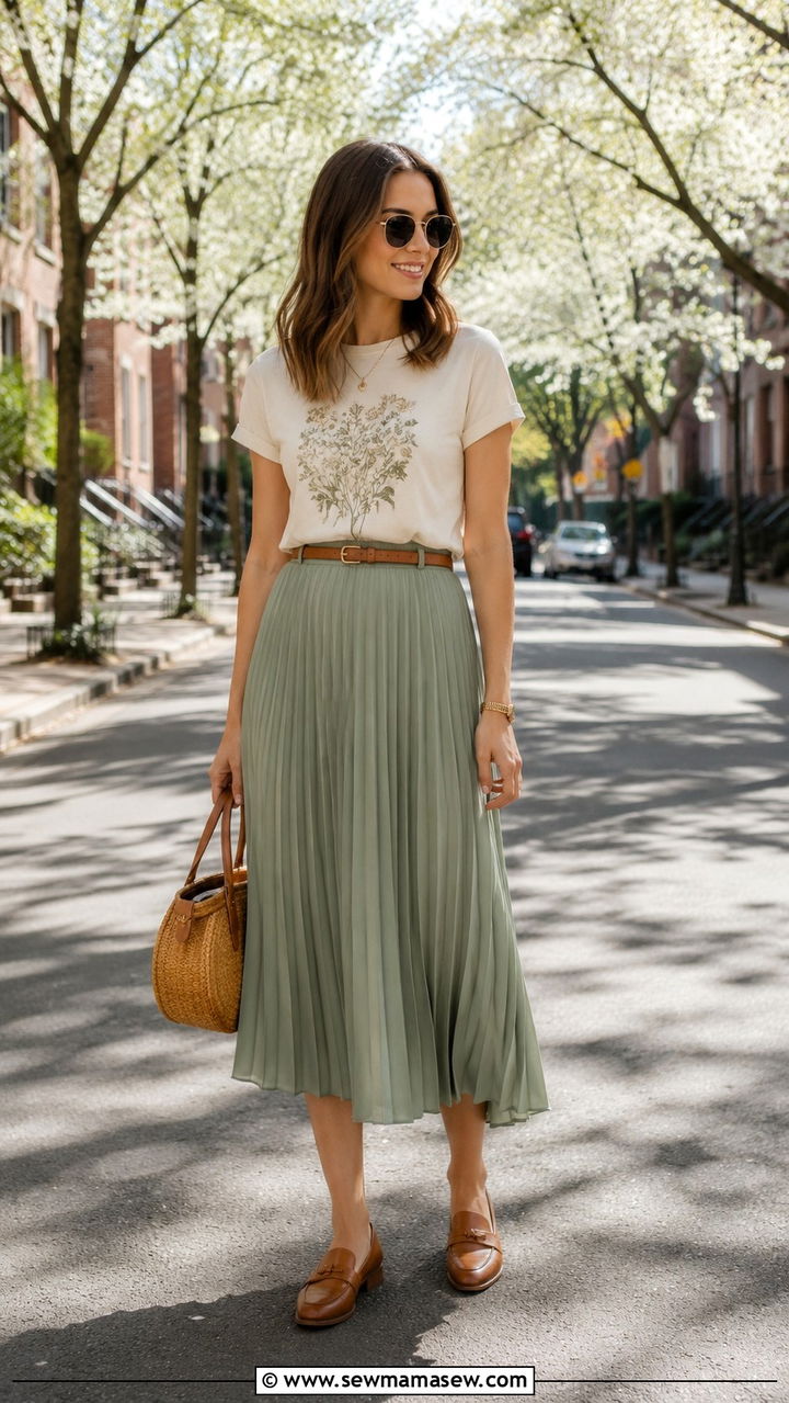 Graphic Tee With a Pleated Midi Skirt and Loafers - 30 Spring outfits with graphic tee