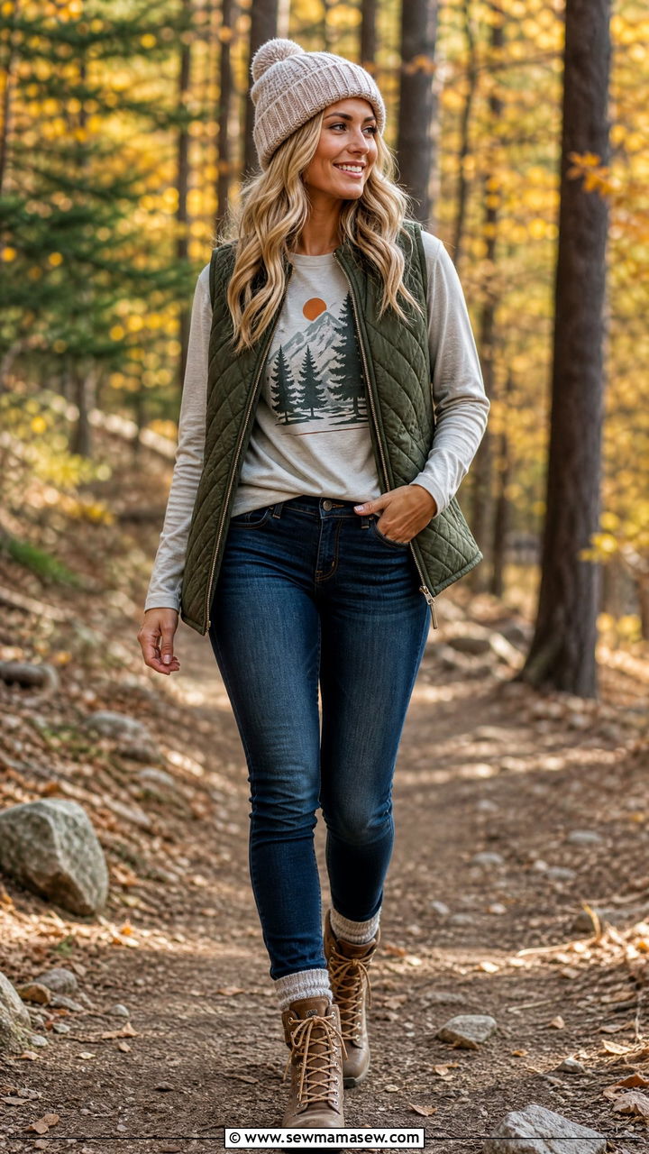 Graphic Tee With a Quilted Vest - 25 how to style graphic tee