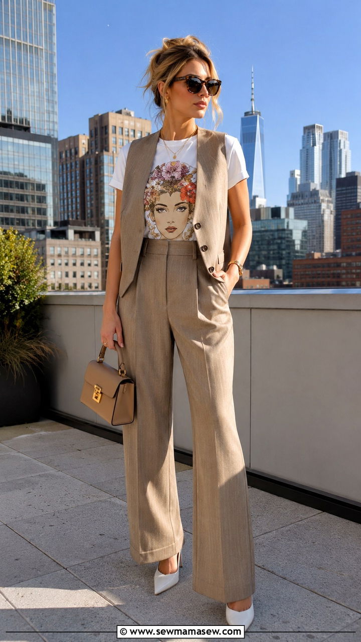 Graphic Tee With a Suit Vest and Matching Trousers - 30 Spring outfits with graphic tee