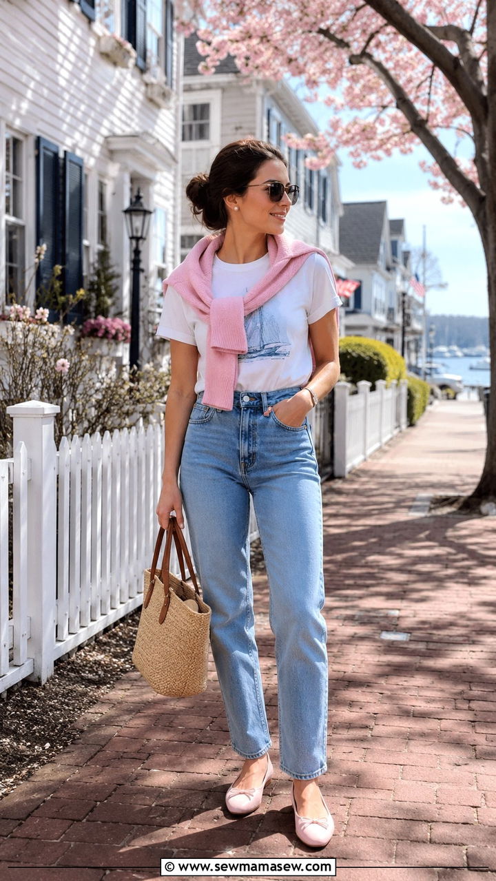 Graphic Tee With a Sweater Draped Over the Shoulders - 30 Spring outfits with graphic tee