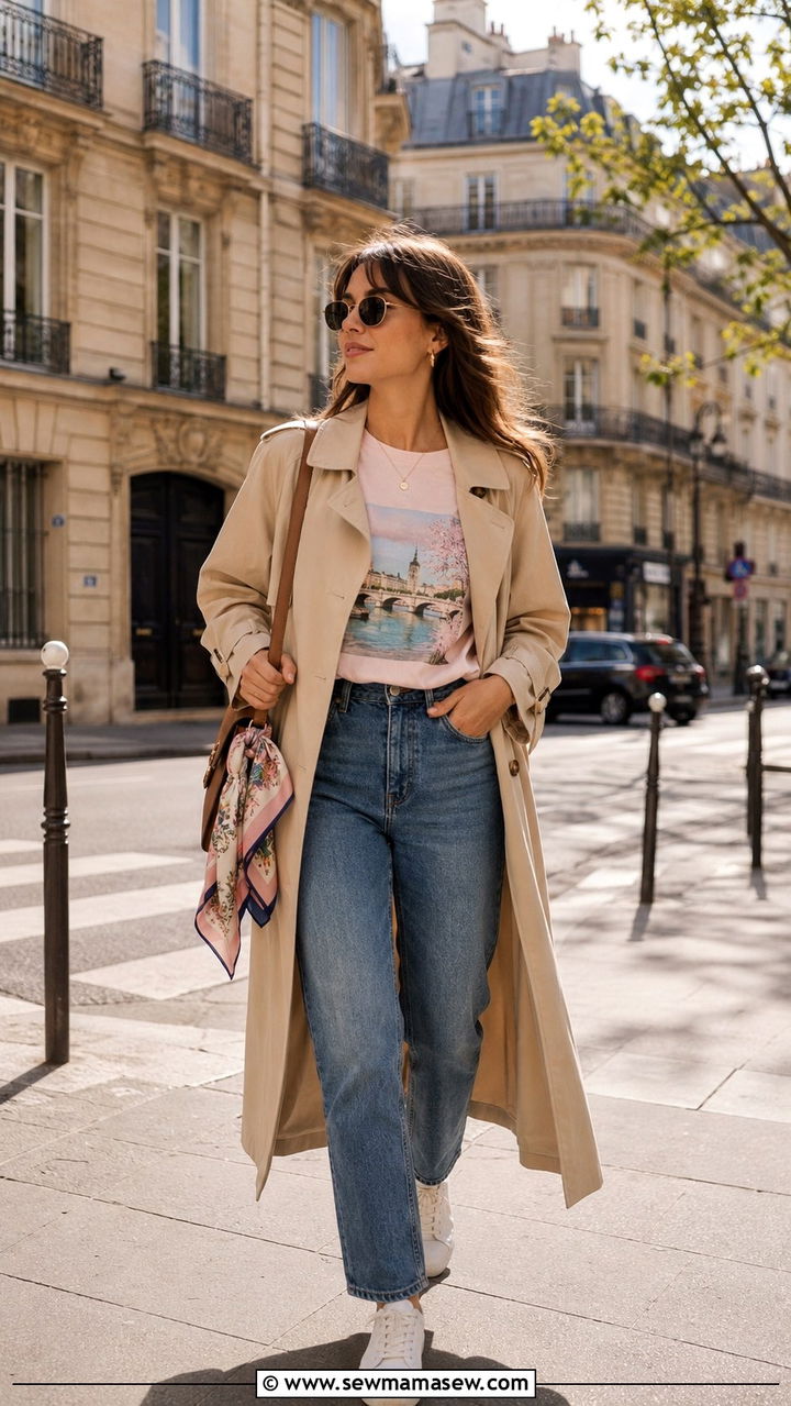 Graphic Tee With a Trench Coat and Straight Leg Jeans - 30 Spring outfits with graphic tee