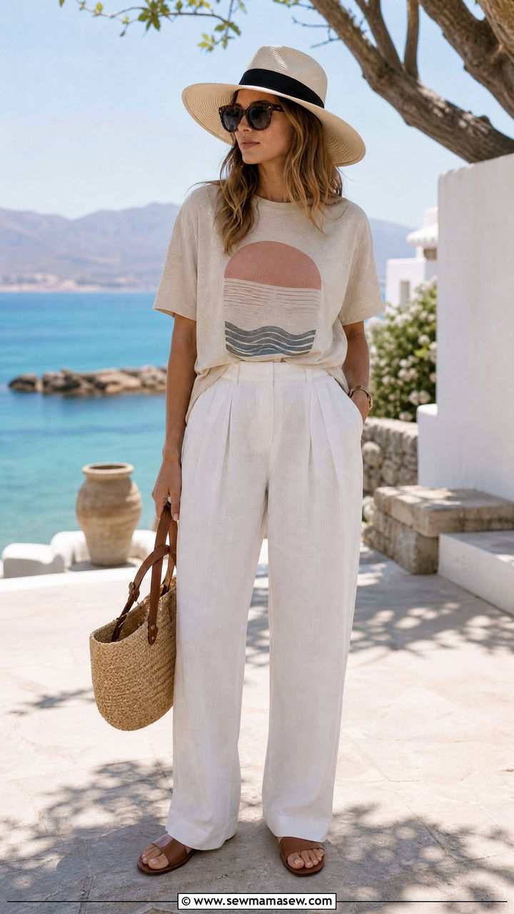 Graphic Tee With a Wide Brim Hat and Linen Trousers - 25 how to style graphic tee