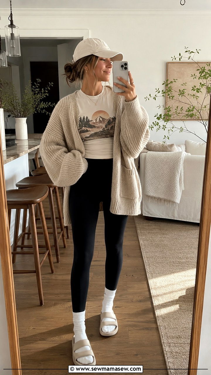 Graphic Tee With an Oversized Cardigan and Leggings - 30 Spring outfits with graphic tee