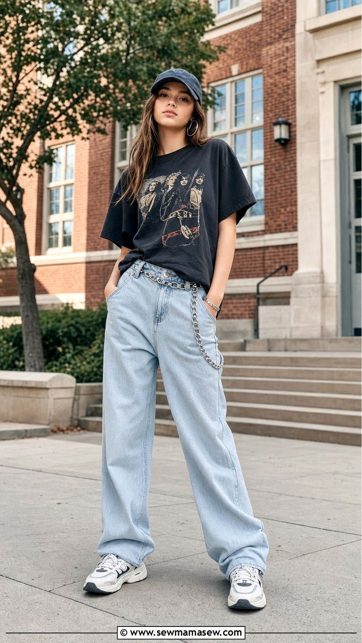 Graphic Tee and Baggy Jeans Outfit - 35 Back to school outfit ideas 11th grade