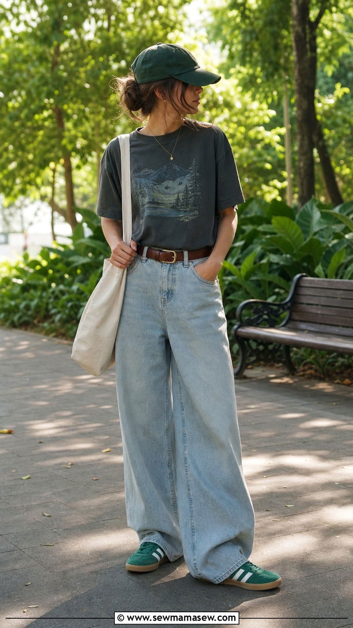 Graphic Tee and Baggy Jeans with Green Adidas Sambas - 25 summer outfits with adidas sambas