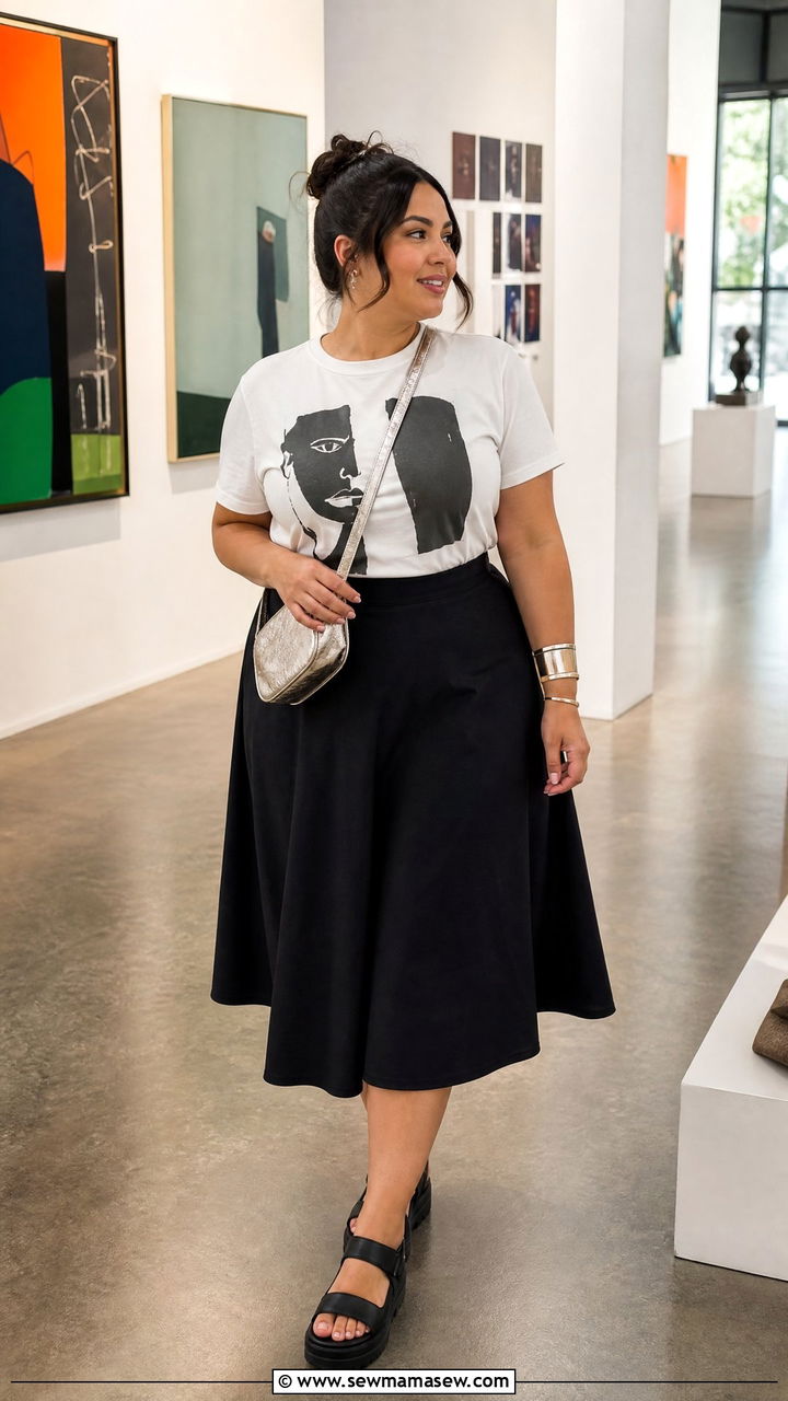 Graphic Tee and Black A Line Midi Skirt Outfit - 30 Summer outfits for curvy women
