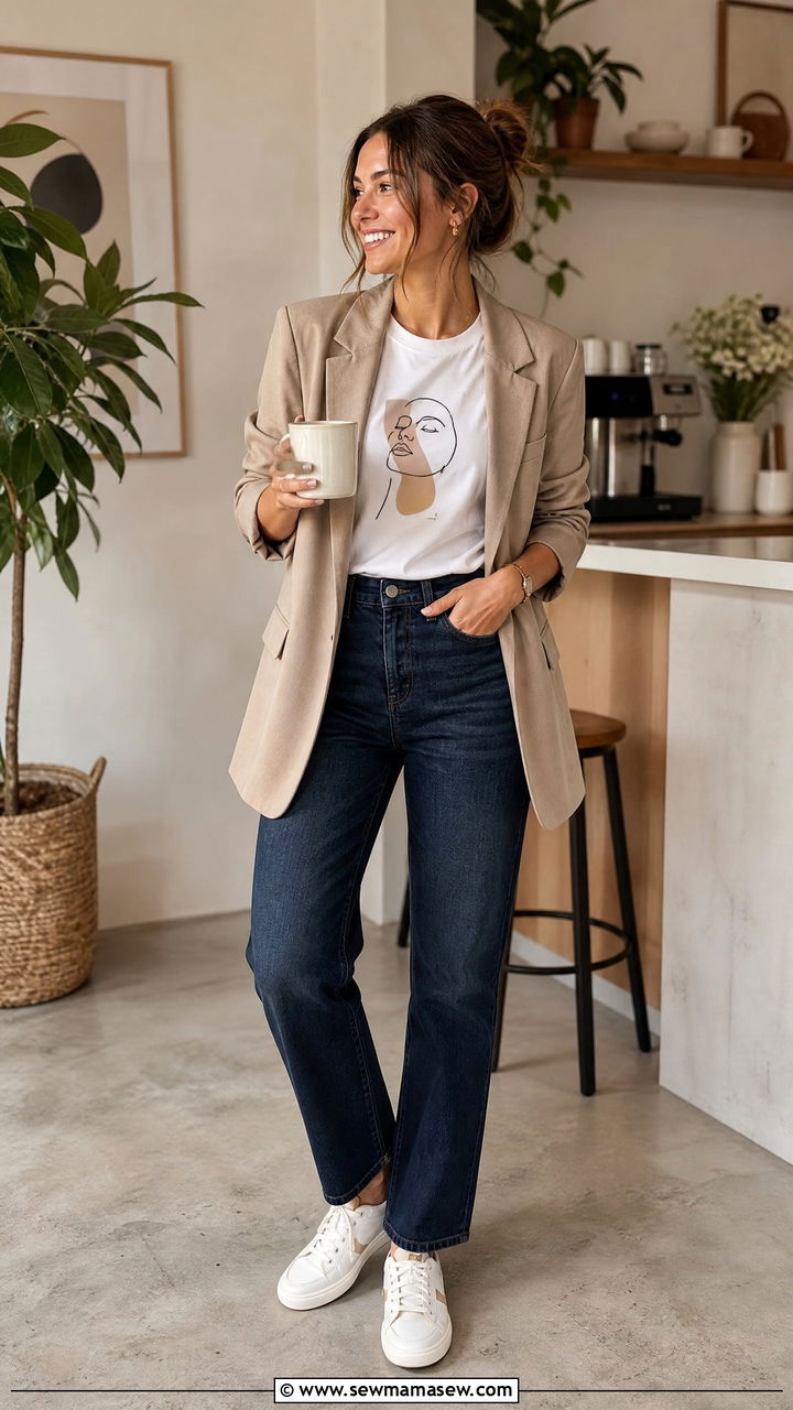 Graphic Tee and Blazer with Jeans Work From Home Look - 25 Home office outfit ideas