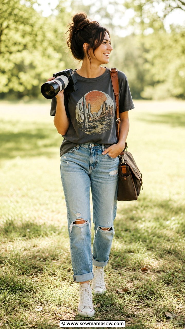 Graphic Tee and Boyfriend Jeans Photographer Outfit - 25 Photographer outfit ideas for work