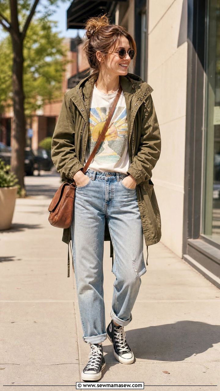 Graphic Tee and Boyfriend Jeans With Parka - 25 Spring outfits with parka