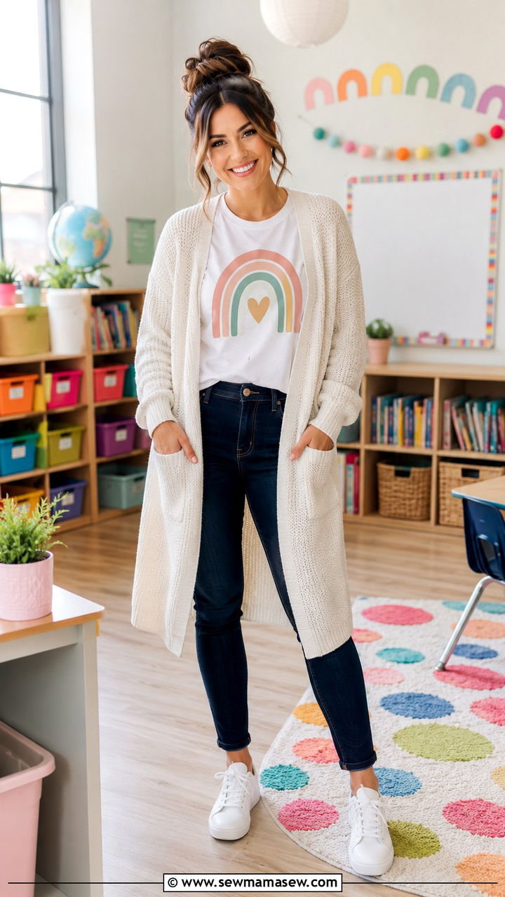 Graphic Tee and Cream Cardigan with Jeans - 30 cute teacher outfits