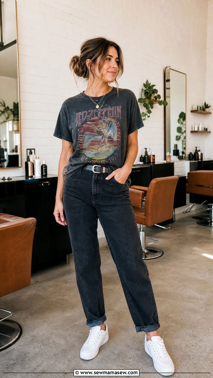 Graphic Tee and Dark Denim Salon Outfit - 25 Salon outfit ideas for hairstylist