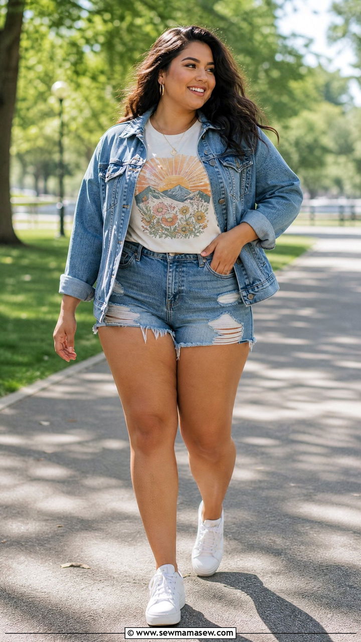 Graphic Tee and Denim Jacket with Distressed Shorts - 30 Curvy girl summer outfit ideas