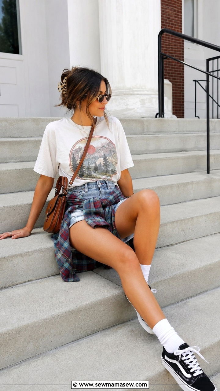 Graphic Tee and Denim Shorts Outfit - 30 Spring outfits for college students