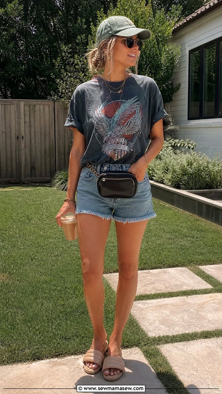 Graphic Tee and Denim Shorts - 30 summer athleisure outfits