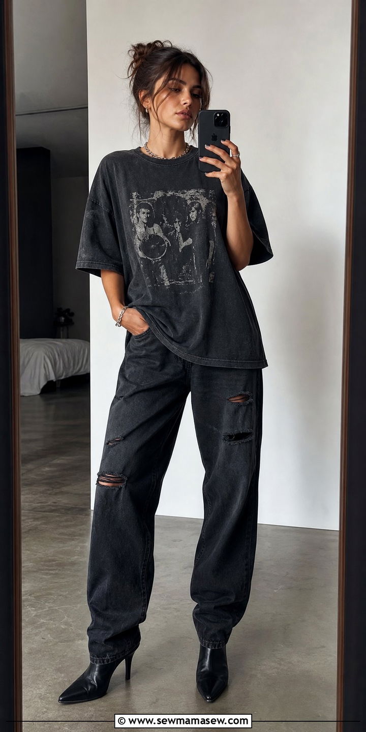 Graphic Tee and Distressed Jeans - 25 summer model off duty outfit ideas