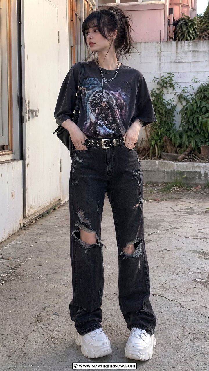 Graphic Tee and Distressed Jeans - 35 E-girl outfit ideas