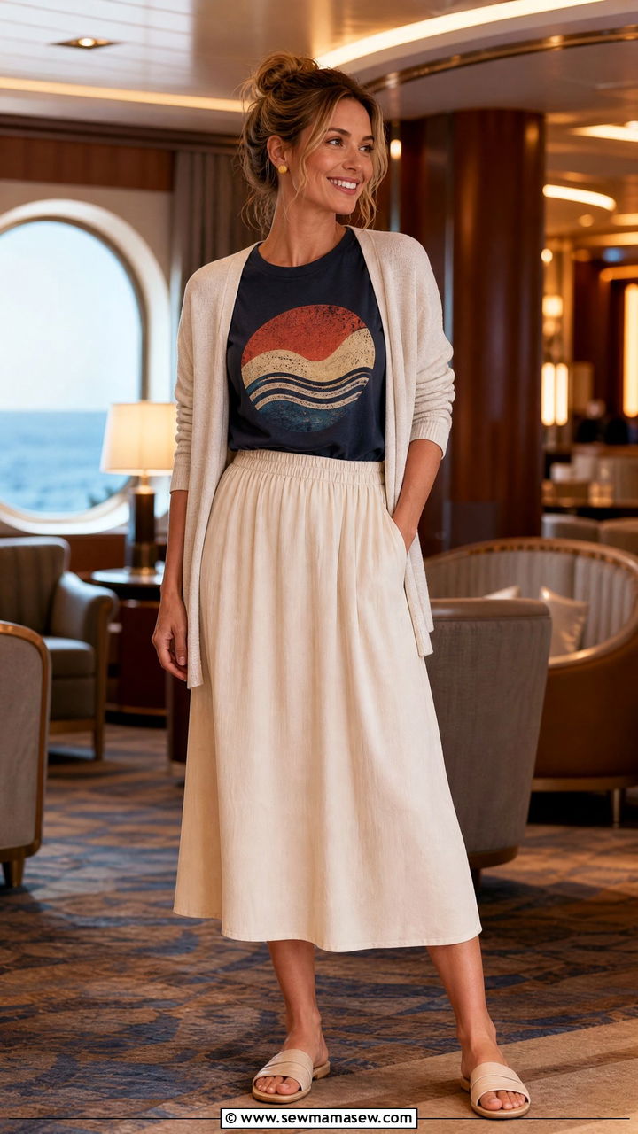 Graphic Tee and Elastic Waist Skirt for Disney Cruise Trivia Night - 35 Disney cruise outfit ideas