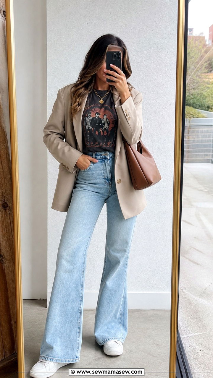 Graphic Tee and Flared Jeans with an Oversized Blazer - 25 Boho outfit ideas with flared jeans