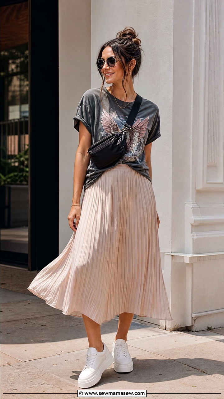 Graphic Tee and Flowy Midi Skirt - 25 Laid back summer outfit ideas 2026