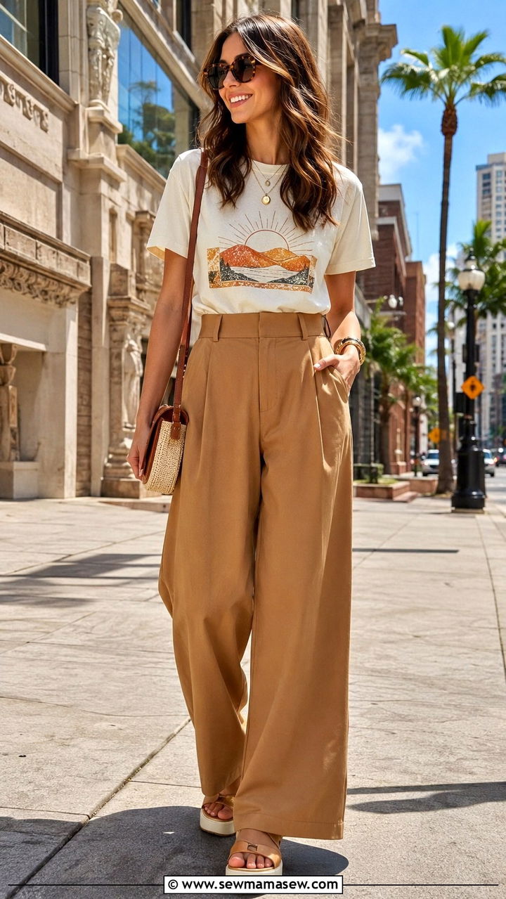 Graphic Tee and High Waist Wide Leg Trousers - 30 cute travel outfits