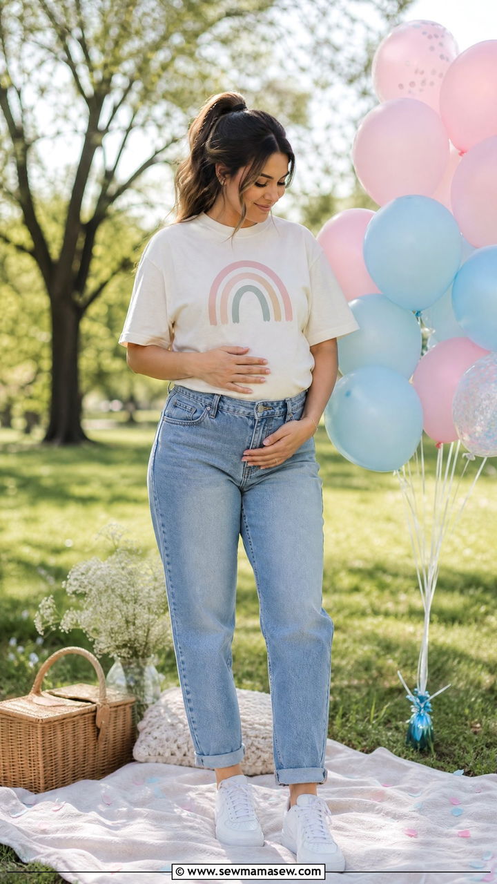 Graphic Tee and Jeans Gender Reveal Look - 25 Gender reveal photo outfit ideas 2026