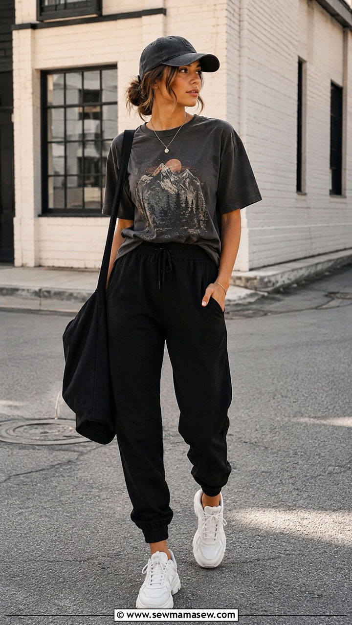 Graphic Tee and Joggers Gym Outfit - 30 Modest outfit ideas for gym