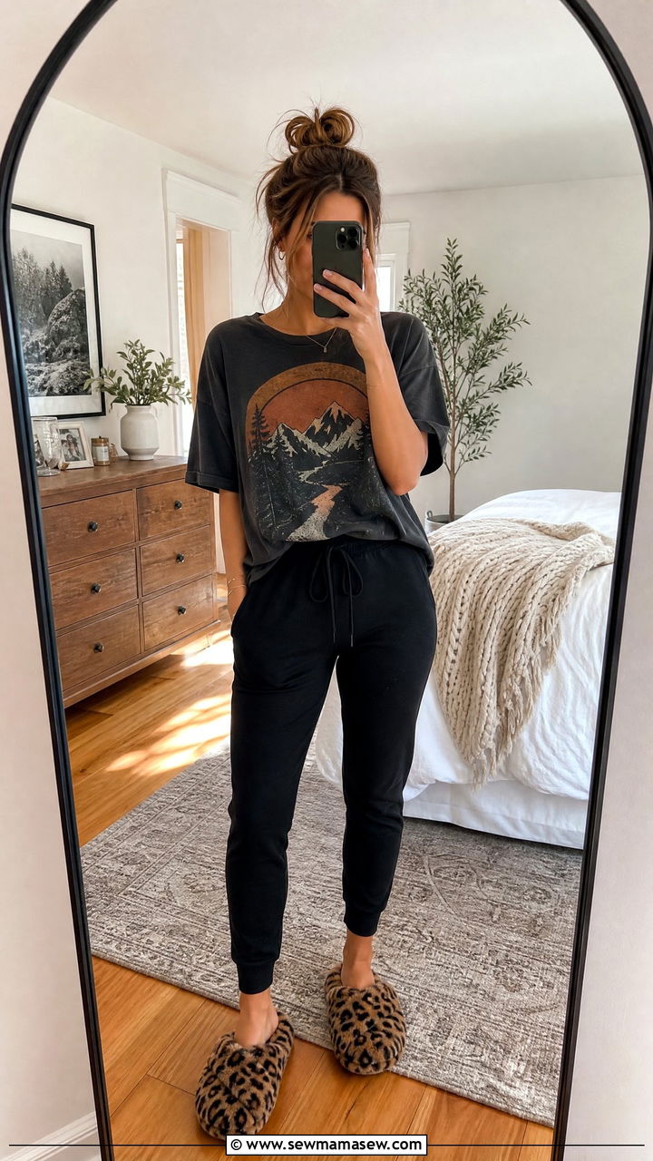 Graphic Tee and Joggers with Fuzzy Slippers - 30 Fuzzy slippers outfit ideas