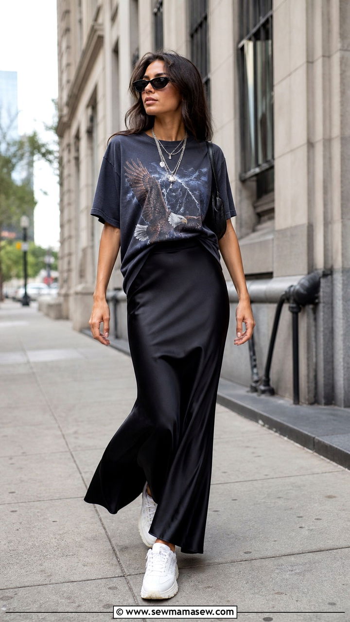 Graphic Tee and Satin Maxi Skirt - 40 cute maxi skirt outfits