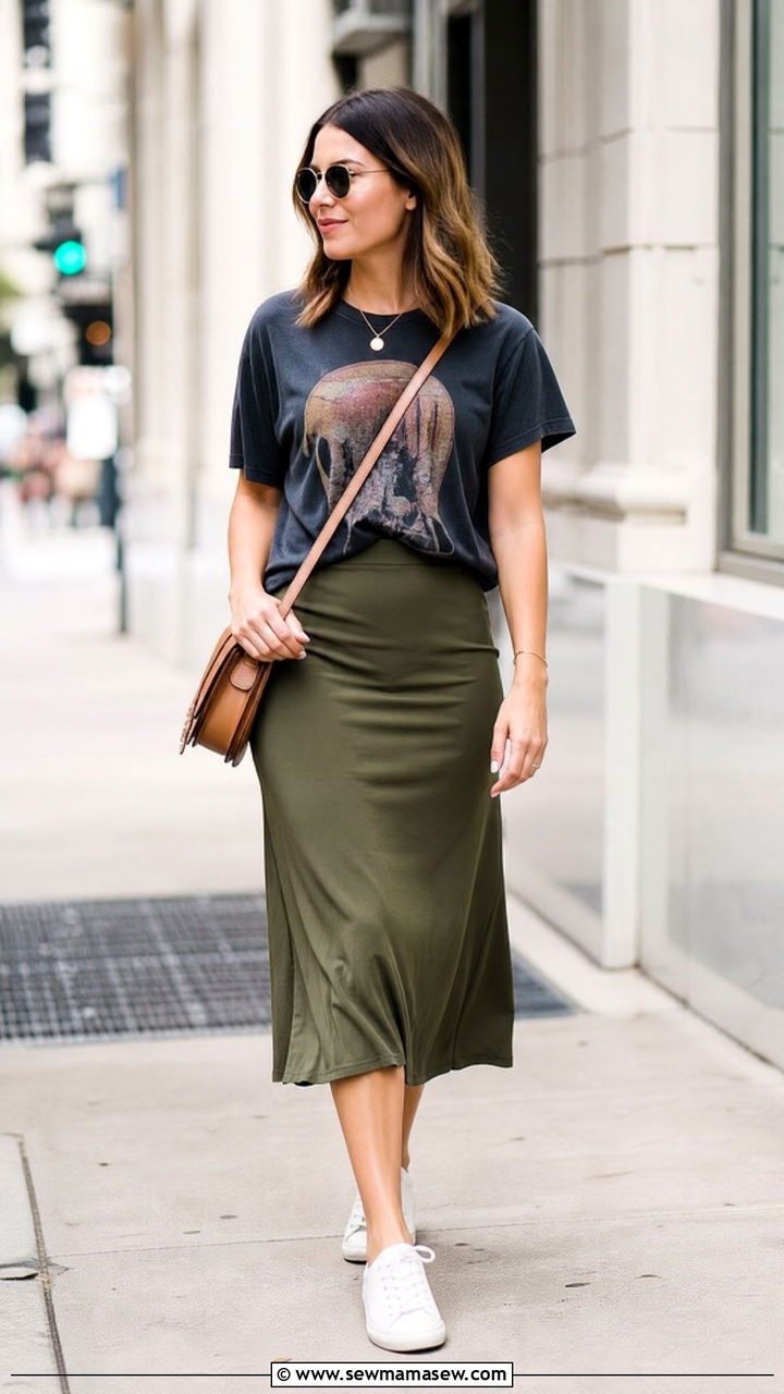 Graphic Tee and Solid Midi Skirt Outfit - 30 Summer outfits with midi skirts
