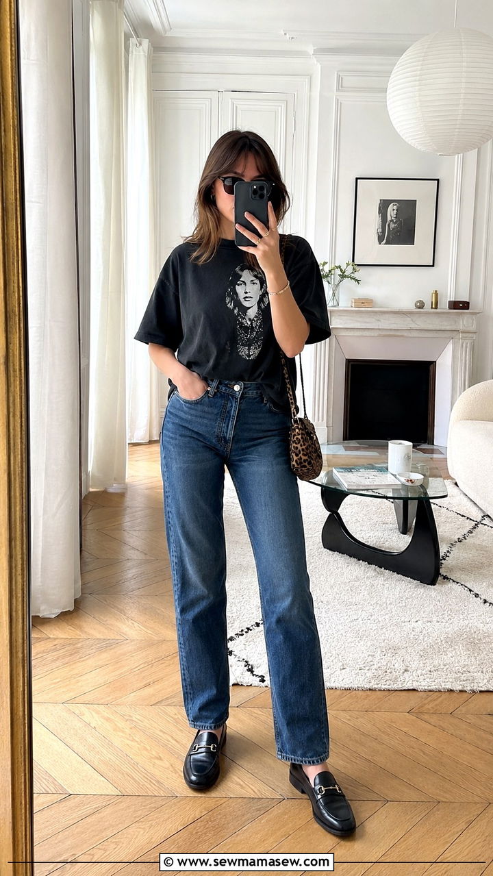 Graphic Tee and Straight Leg Jeans French Girl Outfit - 20 French girl outfit ideas Camille Rowe