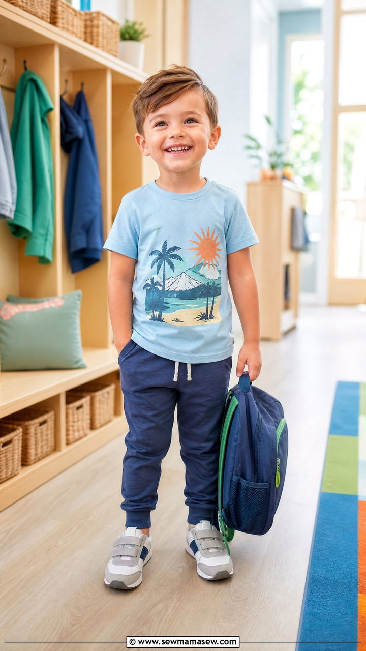 Graphic Tee and Stretchy Joggers with Sneakers - 25 First day of preschool outfit ideas
