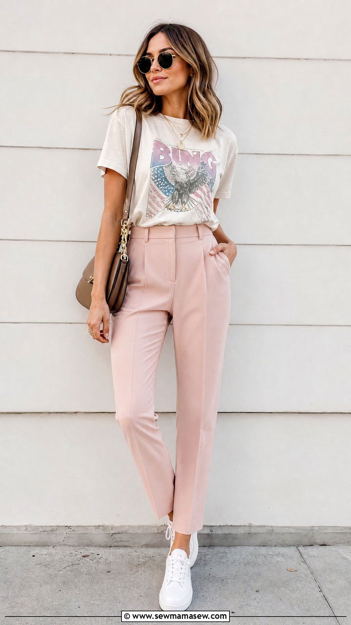 Graphic Tee and Tailored Dress Pants With Sneakers - 20 Spring outfits for 65 degree weather