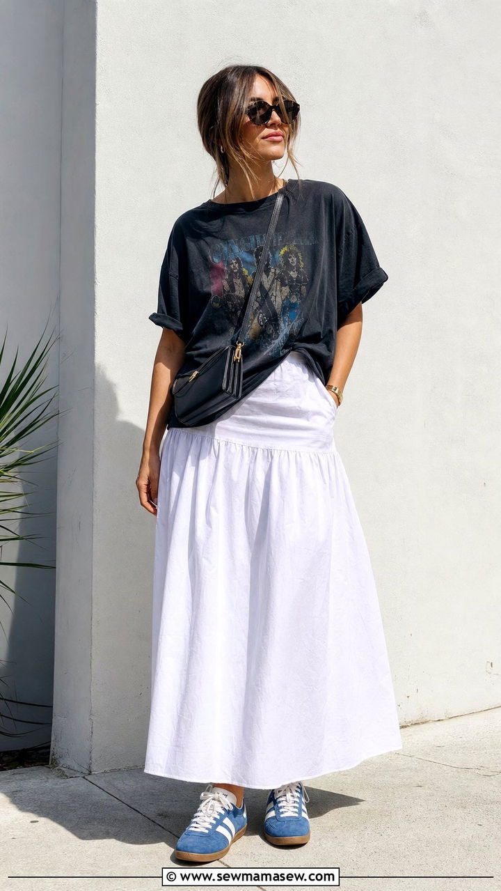 Graphic Tee and White Maxi Skirt August Outfit - 35 August outfit ideas