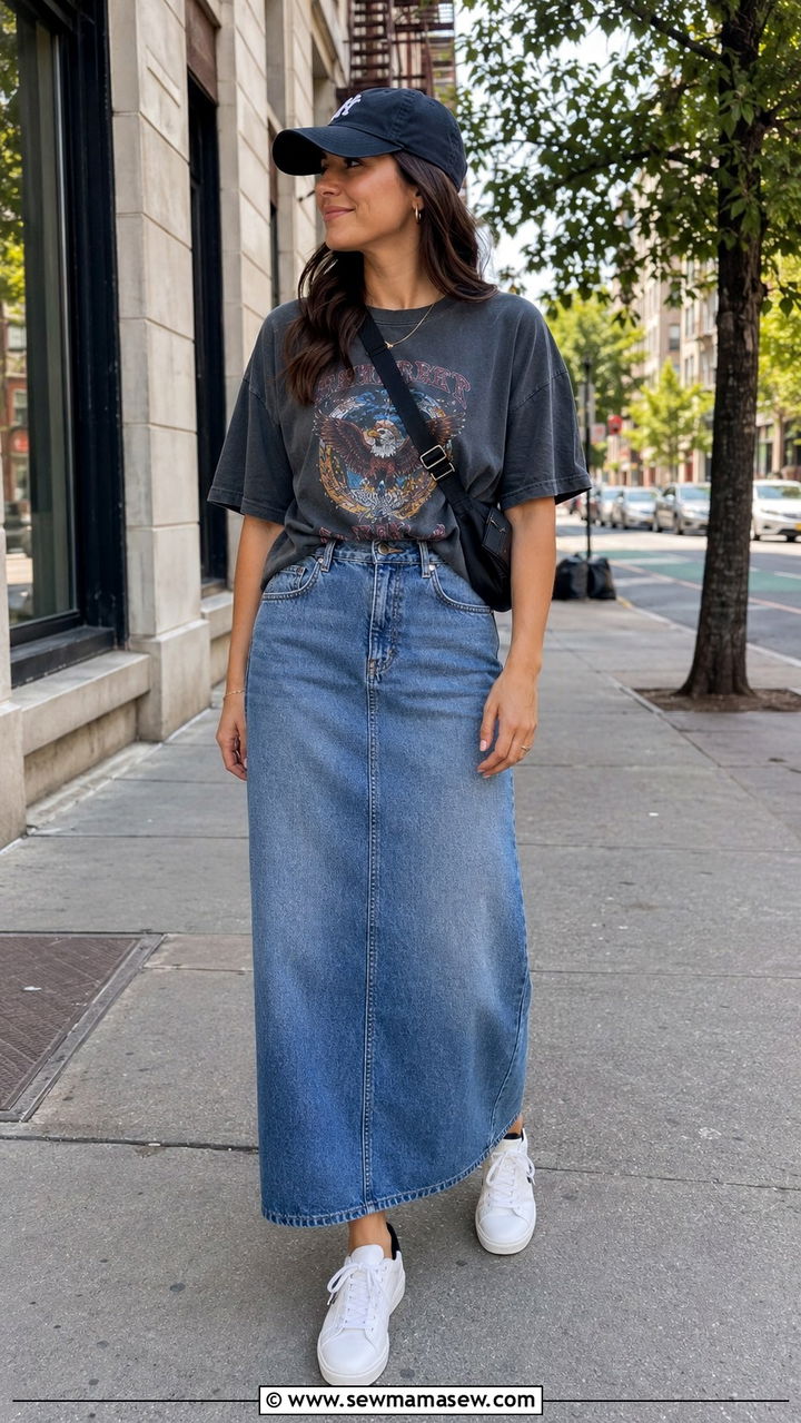 Graphic Tee and White Sneakers With a Denim Maxi Skirt - 30 denim maxi skirt outfit ideas