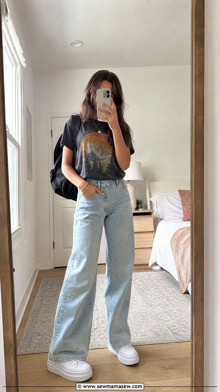 Graphic Tee and Wide Leg Jeans Outfit - 25 First day of 9th grade outfit ideas