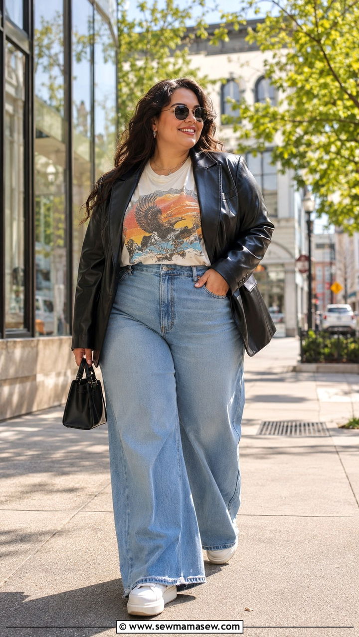 Graphic Tee and Wide Leg Jeans Outfit - 30 Plus size outfit ideas with wide leg pants