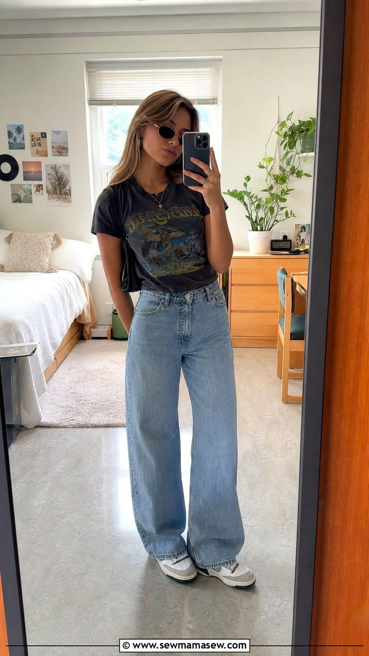 Graphic Tee and Wide Leg Jeans with Retro Sneakers - 25 college outfits Pinterest