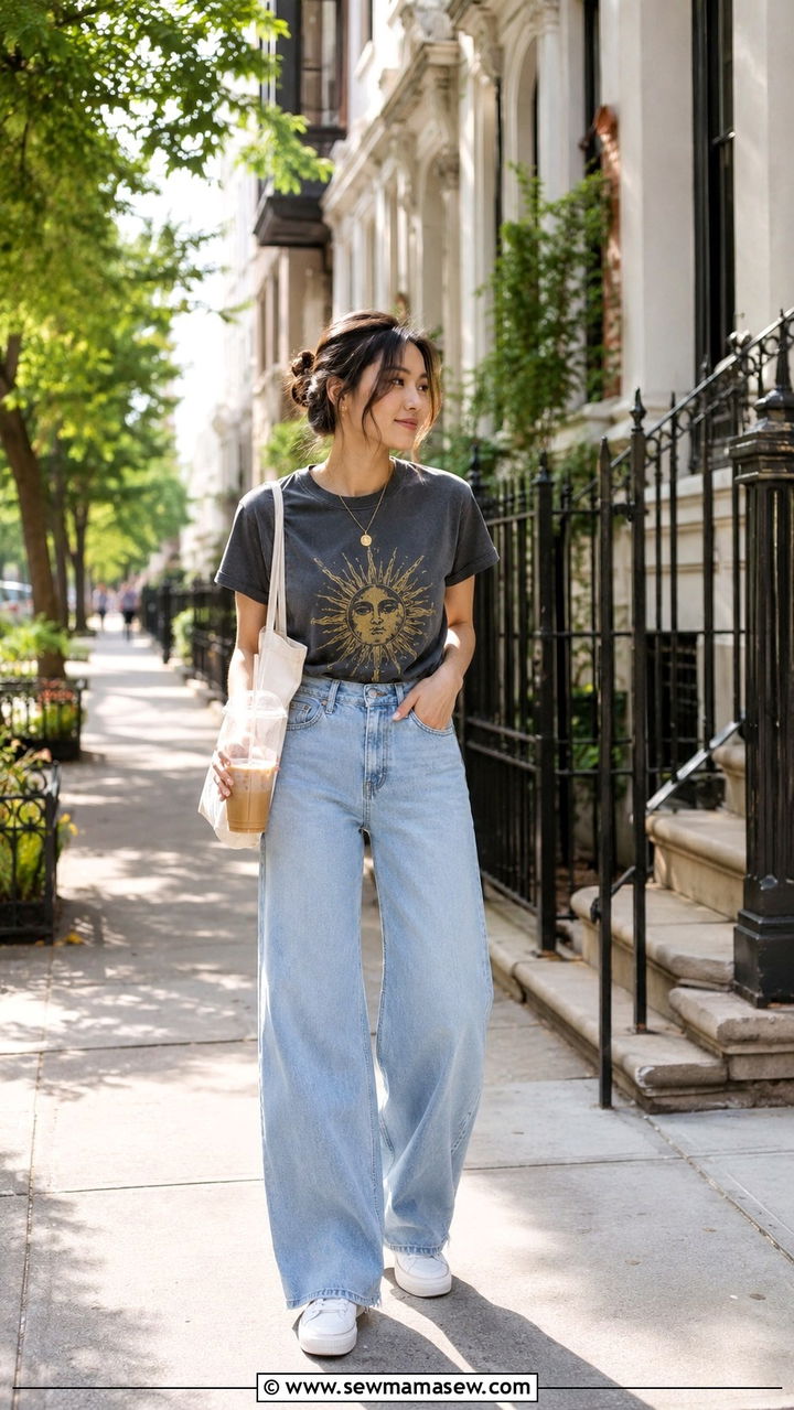 Graphic Tee and Wide Leg Jeans with Sneakers Petite - 25 Petite outfit ideas with wide leg pants