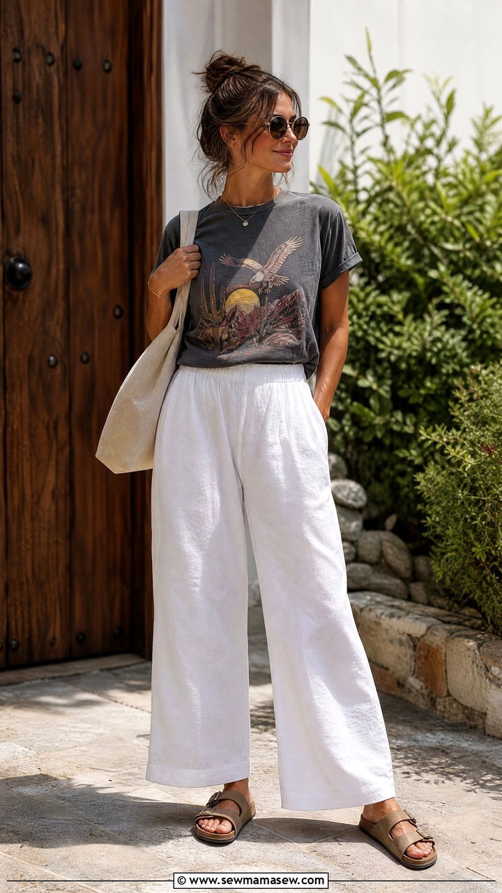 Graphic Tee and Wide Leg Linen Pants - 30 Family reunion outfit ideas summer