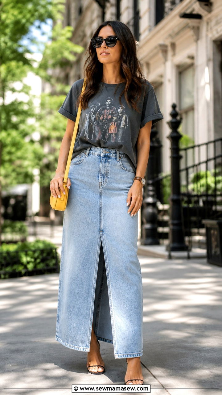 Graphic Tee and Yellow Crossbody Bag with Denim Maxi Skirt - 40 denim skirt outfits