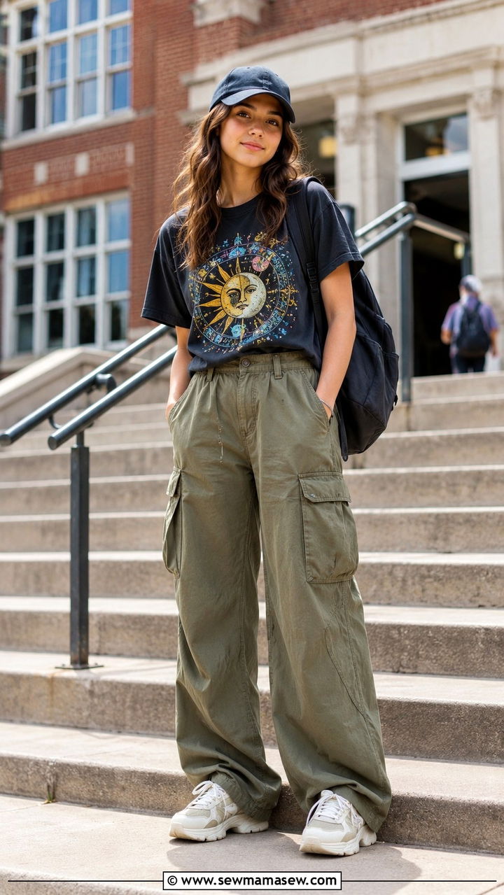 Graphic Tee with Baggy Cargo Pants - 30 Spring outfits for middle school