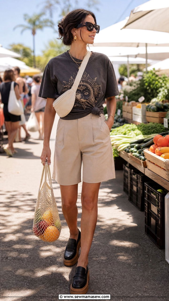 Graphic Tee with Bermuda Shorts and Loafers - 25 Graphic t-shirt outfit ideas 2026