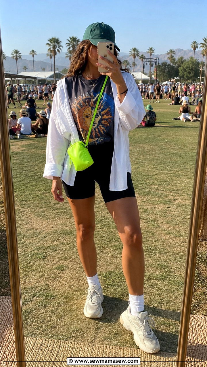 Graphic Tee with Biker Shorts and Oversized Button Up - 30 Picnic outfit ideas