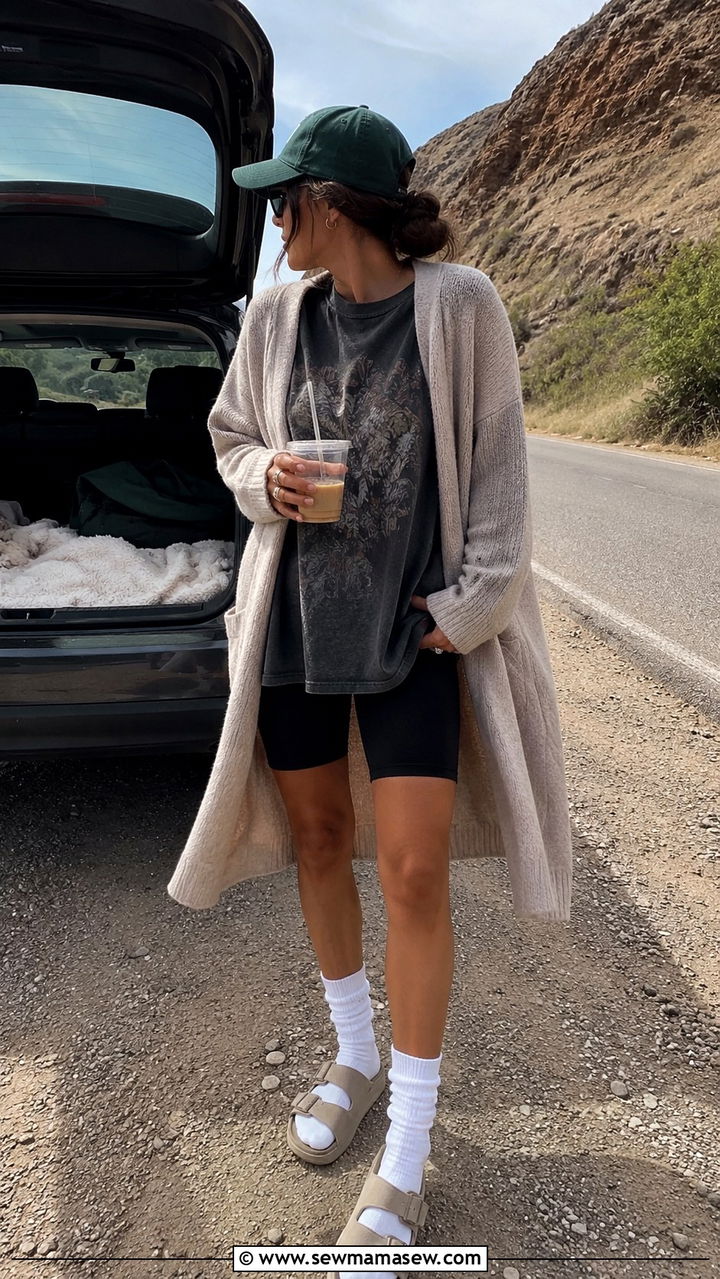 Graphic Tee with Biker Shorts and Oversized Cardigan - 30 Travel outfit ideas for moms