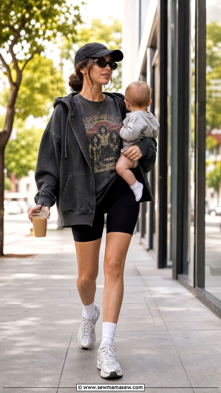 Graphic Tee with Biker Shorts and Oversized Hoodie - 25 Loungewear outfit ideas for moms