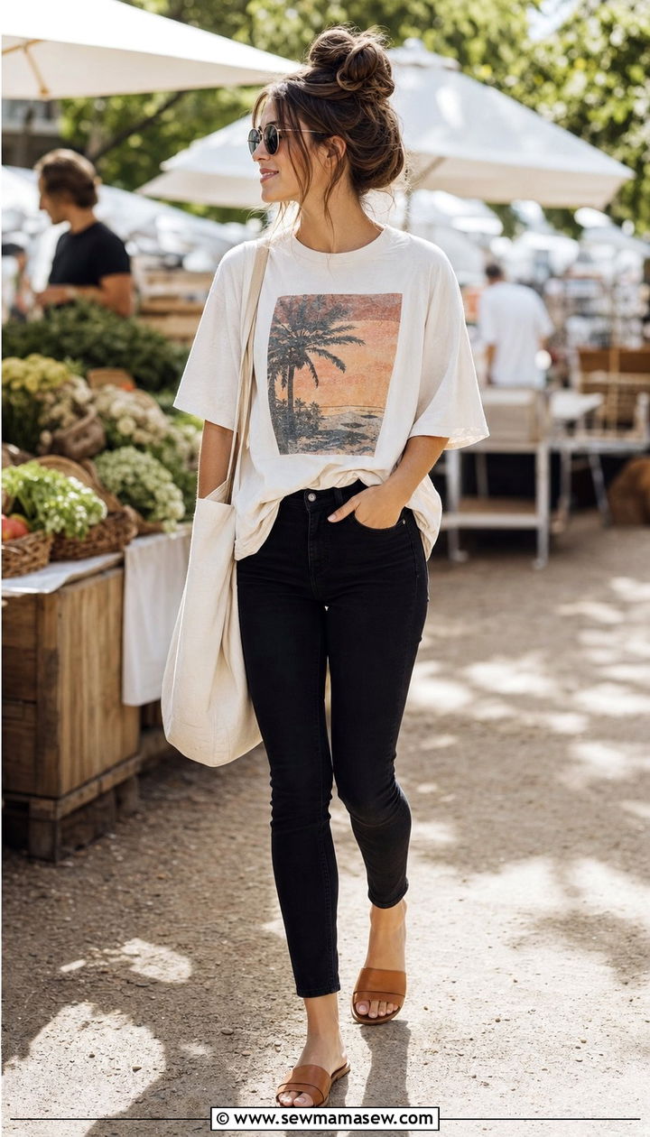 Graphic Tee with Black Jeans and Slide Sandals - 25 Summer outfits with black jeans